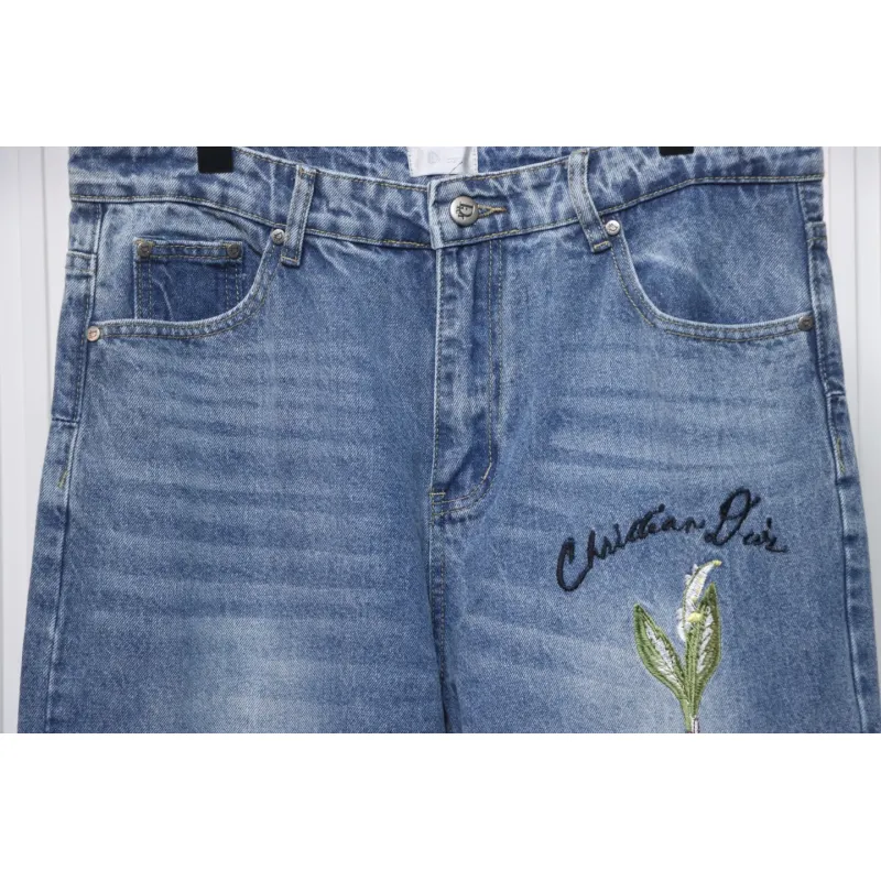 Dior CD Embroidered Letters Plant Flowers Couple Style Washed Jeans