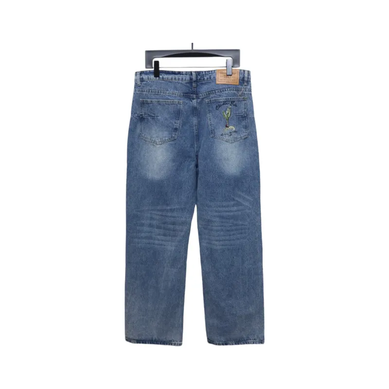 Dior CD Embroidered Letters Plant Flowers Couple Style Washed Jeans