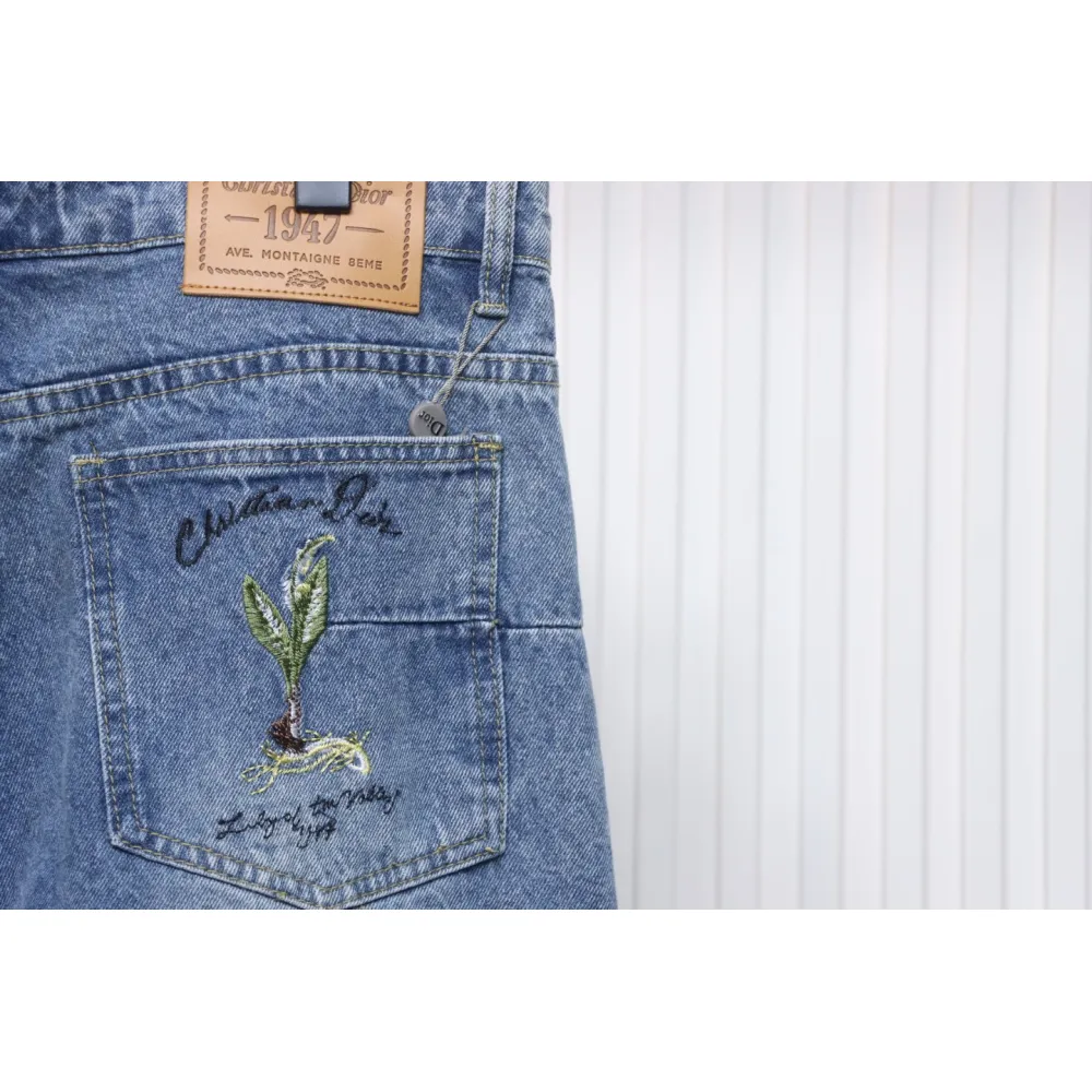 Dior CD Embroidered Letters Plant Flowers Couple Style Washed Jeans