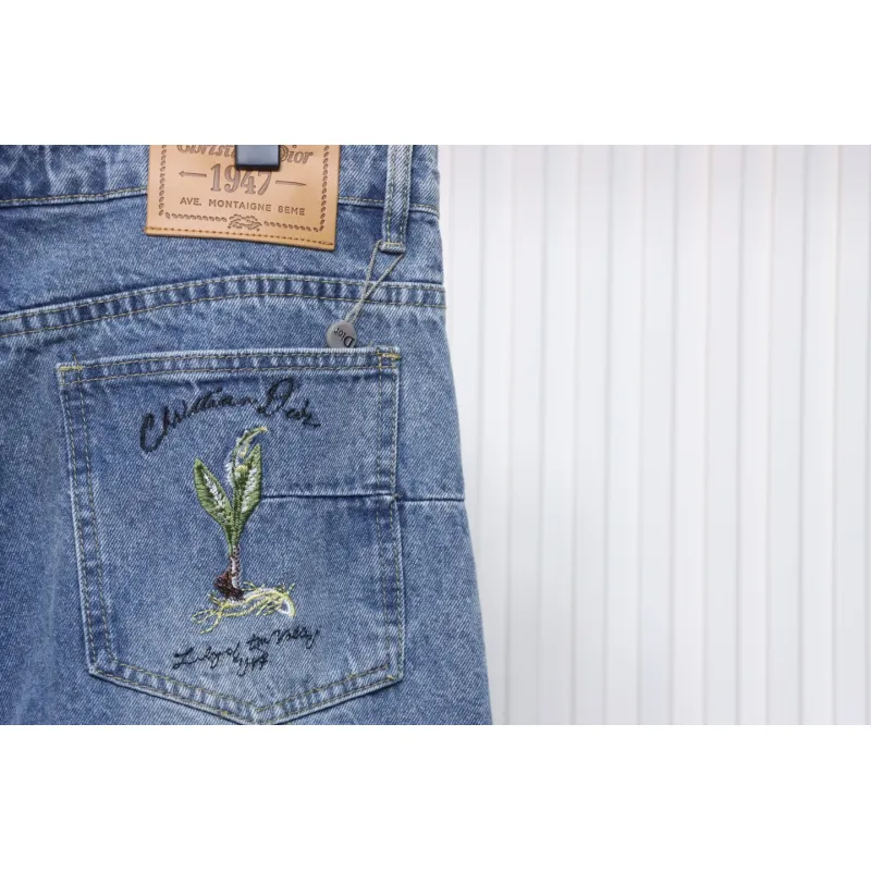 Dior CD Embroidered Letters Plant Flowers Couple Style Washed Jeans