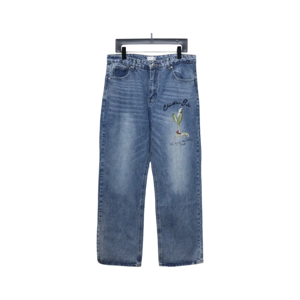 Dior CD Embroidered Letters Plant Flowers Couple Style Washed Jeans