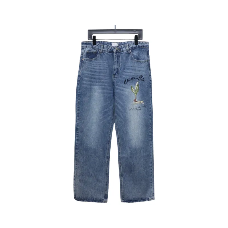Dior CD Embroidered Letters Plant Flowers Couple Style Washed Jeans
