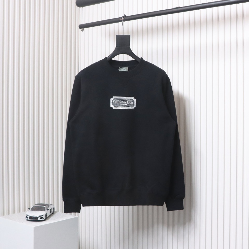 Dior Silver Logo Embroidery Round Neck Plush Sweatshirt Black