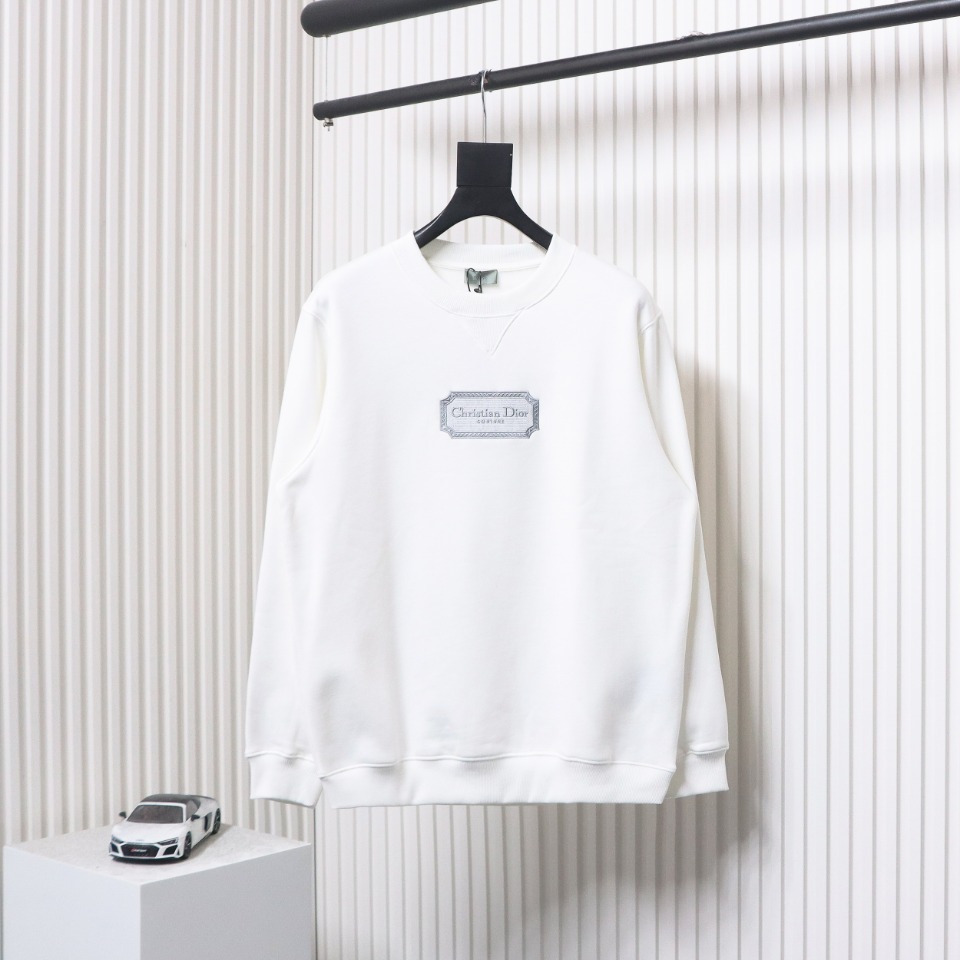 Dior Silver Logo Embroidery Round Neck Plush Sweatshirt White