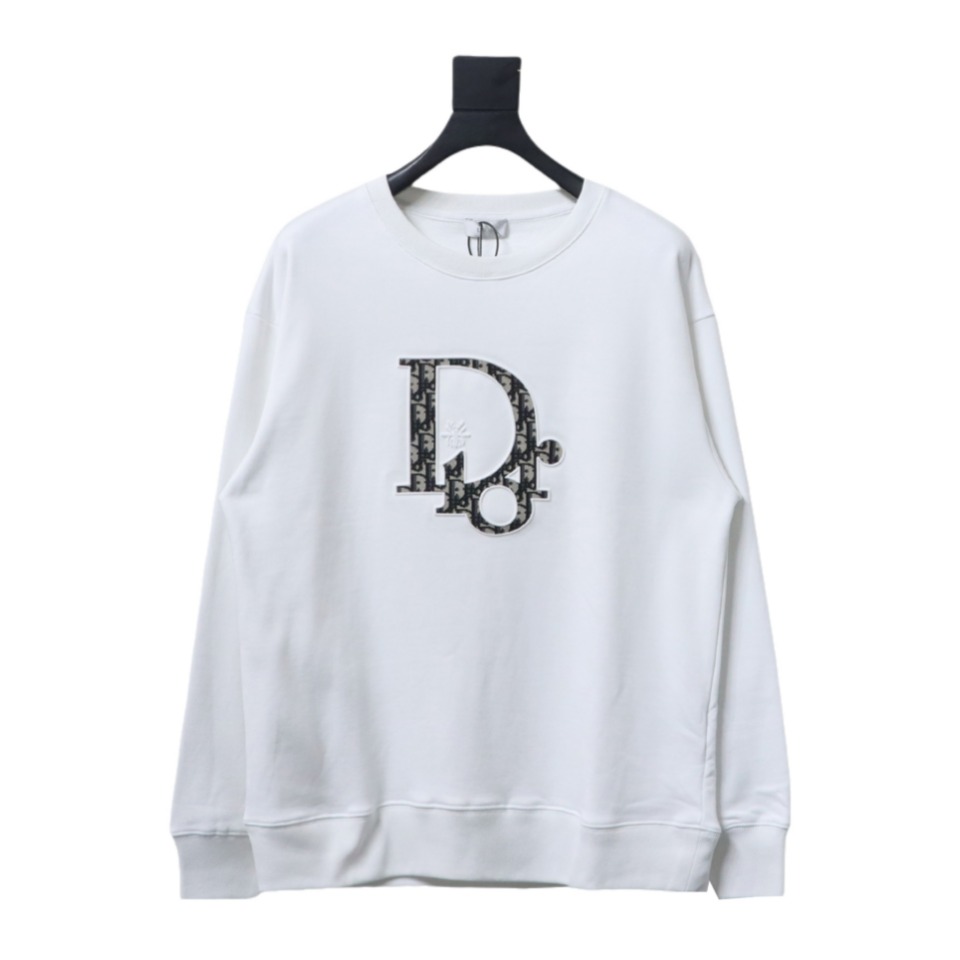 Dior White Round Neck Sweatshirt With Monogram Patch Embroidery On The Chest