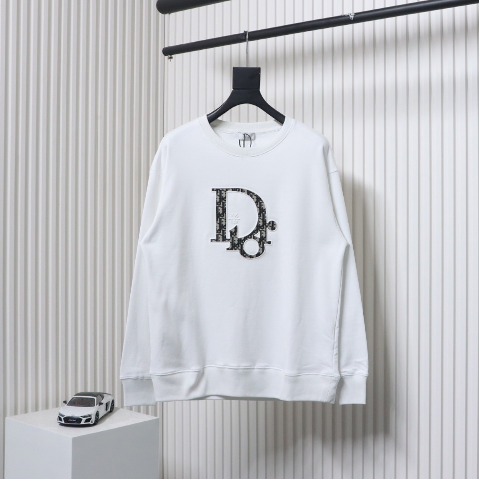 Dior White Round Neck Sweatshirt With Monogram Patch Embroidery On The Chest
