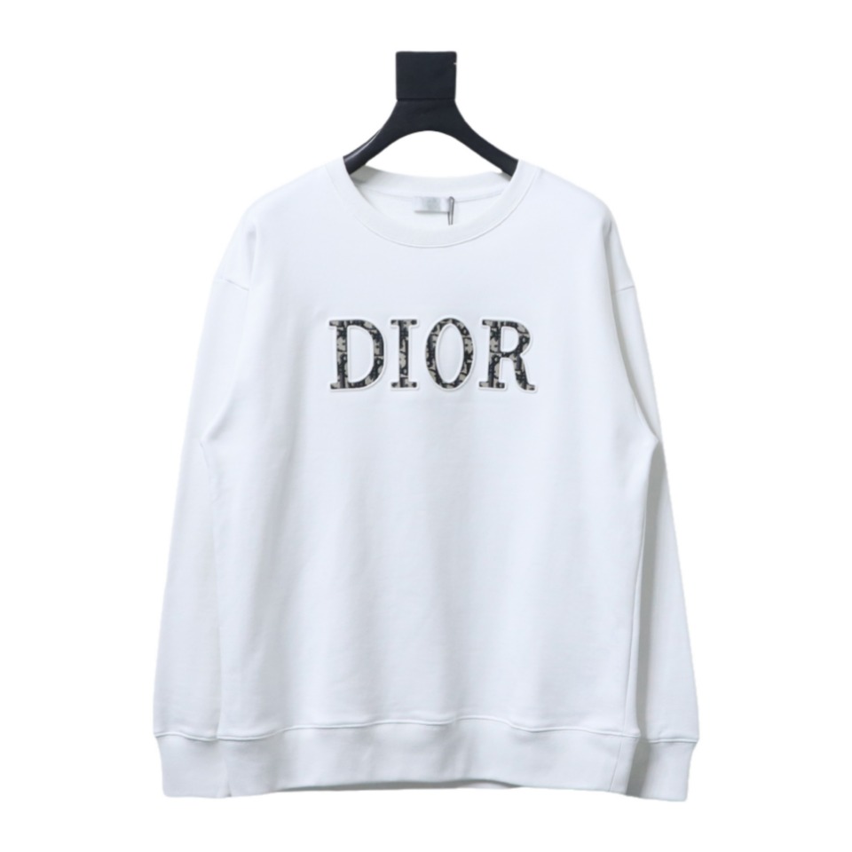 Dior White Round Neck Sweatshirt With Monogram Patch On Chest