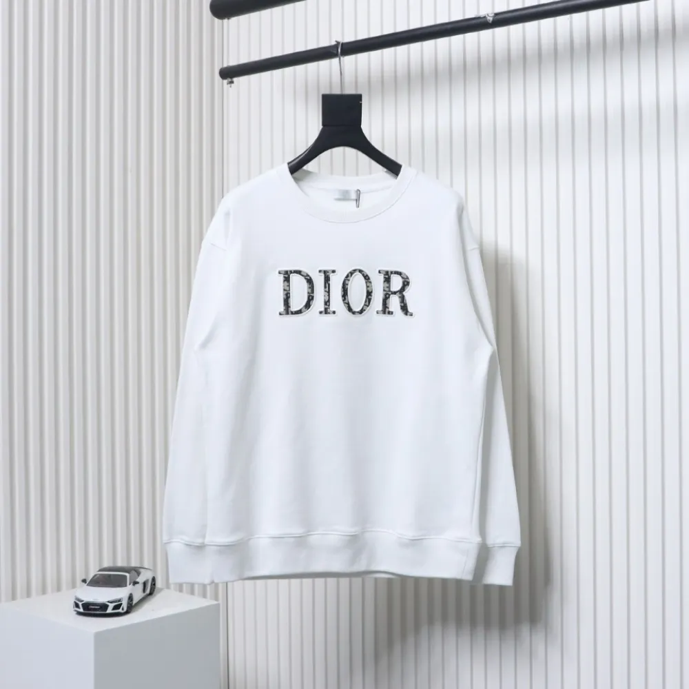Dior White Round Neck Sweatshirt With Monogram Patch On Chest