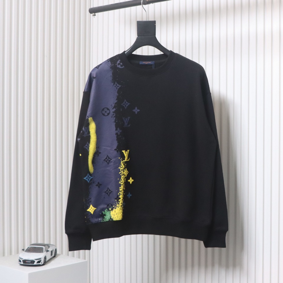 Louis Vuitton 24Fw Ink Splashing Old Flower Print Round Neck Sweatshirt Black