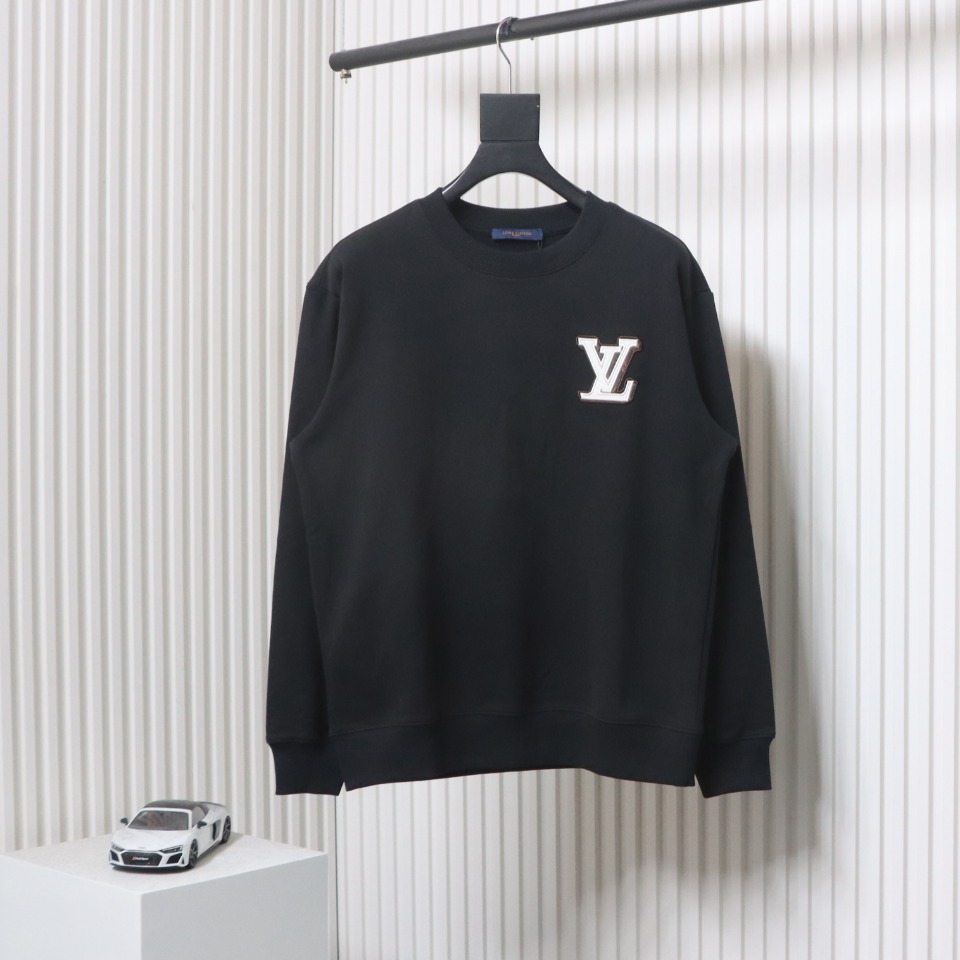 Louis Vuitton 24Fw Leather Label Letter Embroidery Round Neck Sweatshirt Black