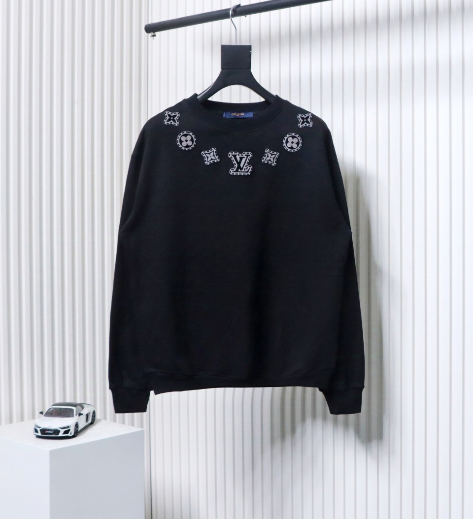 Louis Vuitton Neck Letter Towel Embroidered Round Neck Sweatshirt Black