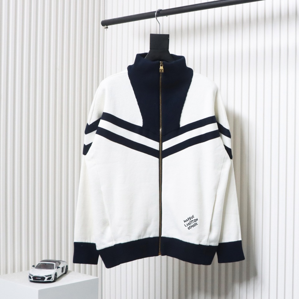Louis Vuitton Striped Stand Collar Zip-Up Wool Jacket
