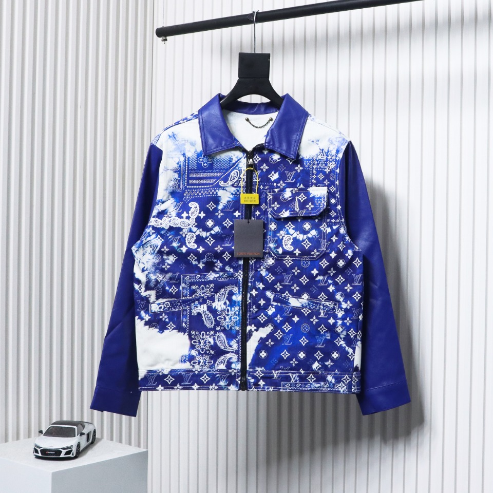 Louis Vuitton 22ss New Scarf Print Mixed Leather And Denim Jacket