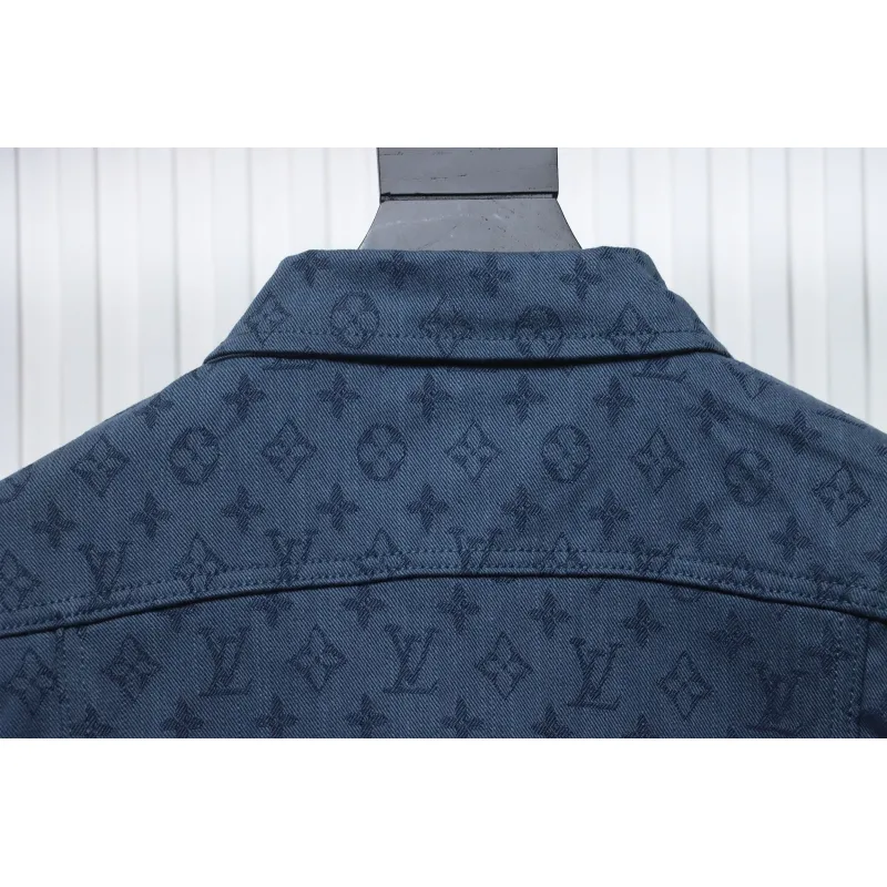 Louis Vuitton Classic All Over Print Monogram Jacquard Workwear Denim Jacket Navy Blue