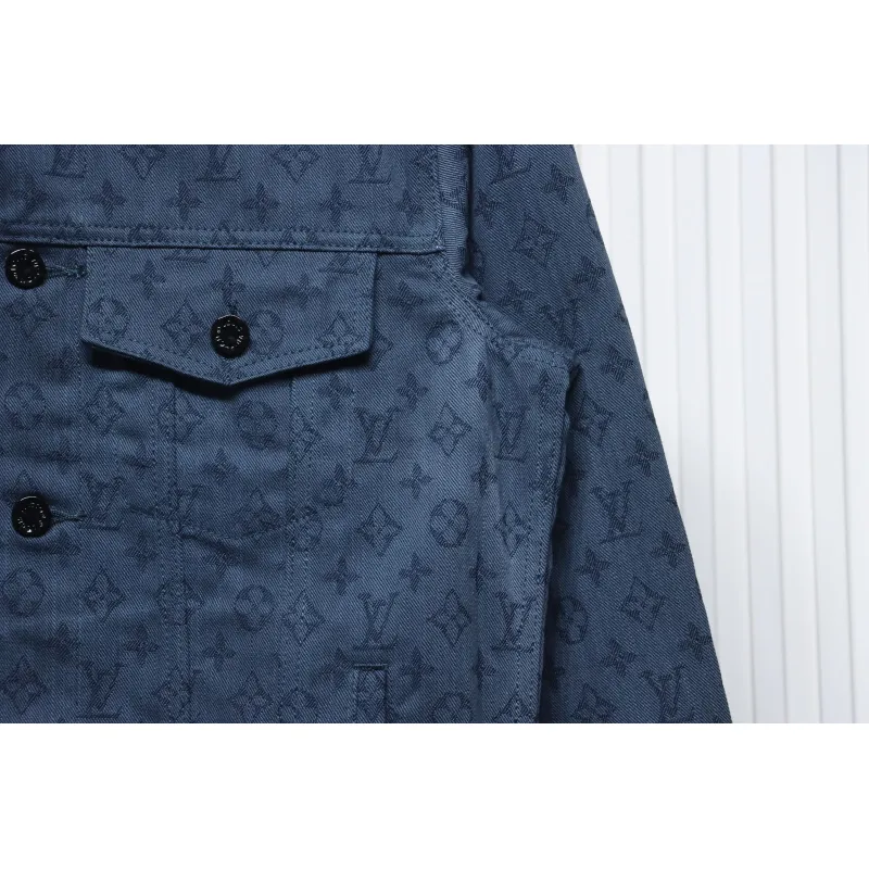 Louis Vuitton Classic All Over Print Monogram Jacquard Workwear Denim Jacket Navy Blue