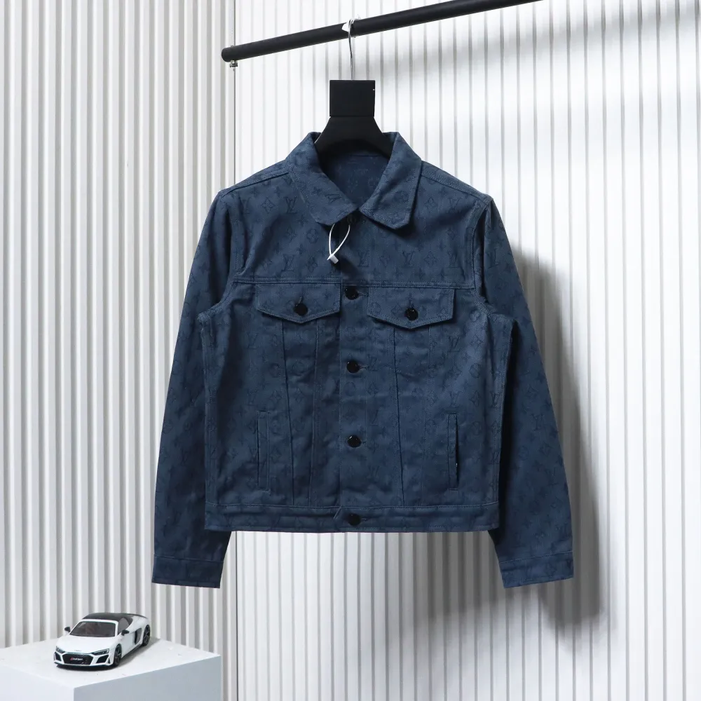 Louis Vuitton Classic All Over Print Monogram Jacquard Workwear Denim Jacket Navy Blue