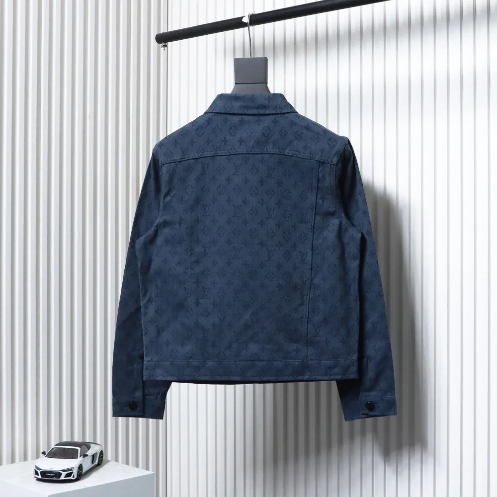 Louis Vuitton Classic All Over Print Monogram Jacquard Workwear Denim Jacket Navy Blue