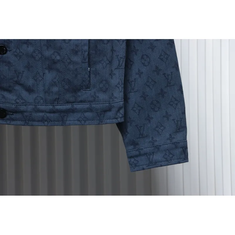 Louis Vuitton Classic All Over Print Monogram Jacquard Workwear Denim Jacket Navy Blue