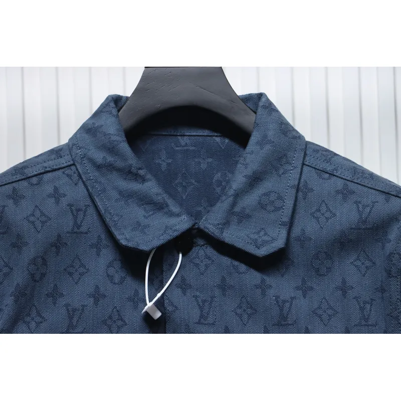 Louis Vuitton Classic All Over Print Monogram Jacquard Workwear Denim Jacket Navy Blue