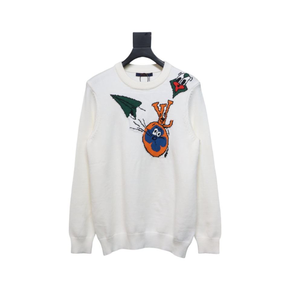 Louis Vuitton Kiddie Paper Plane Knitted Jacquard Round Neck Pullover Sweater