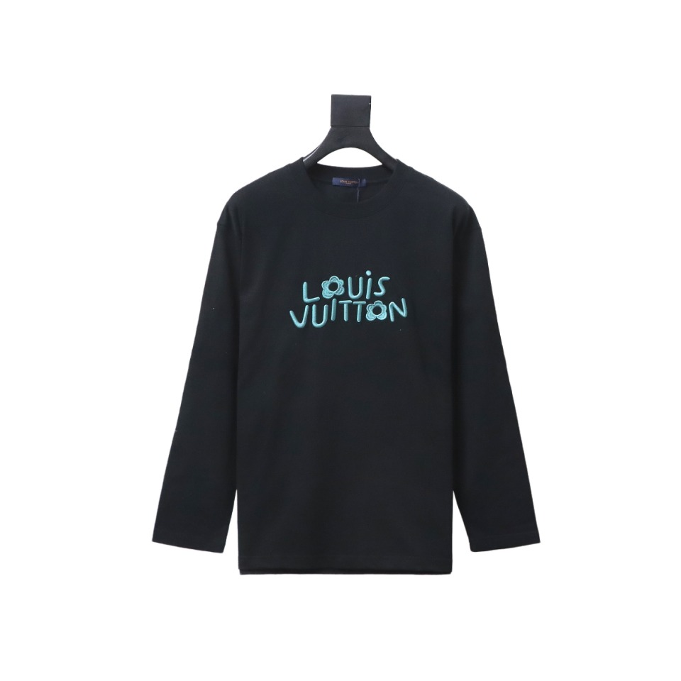 Louis Vuitton 24Fw Small Blue Flower Logo Embroidered Letters Long Sleeve T-shirt Black