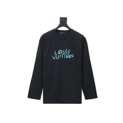 Louis Vuitton 24Fw Small Blue Flower Logo Embroidered Letters Long Sleeve T-shirt Black 01