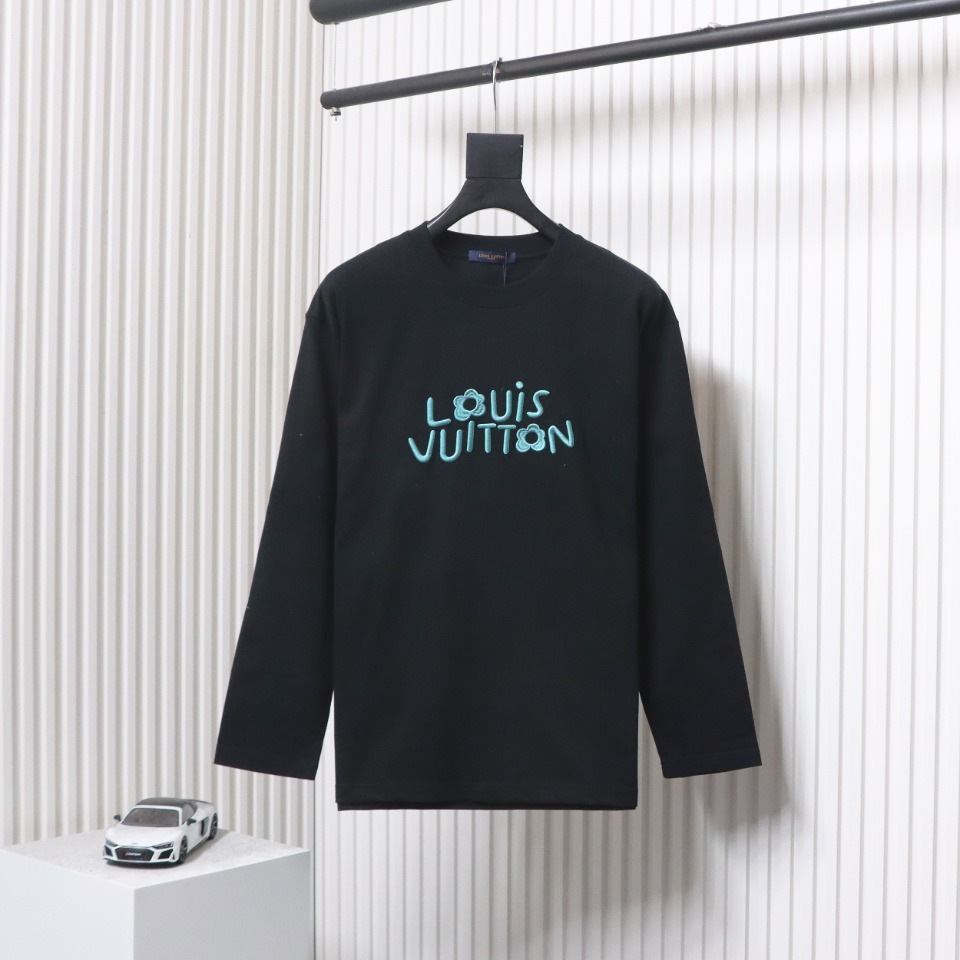 Louis Vuitton 24Fw Small Blue Flower Logo Embroidered Letters Long Sleeve T-shirt Black