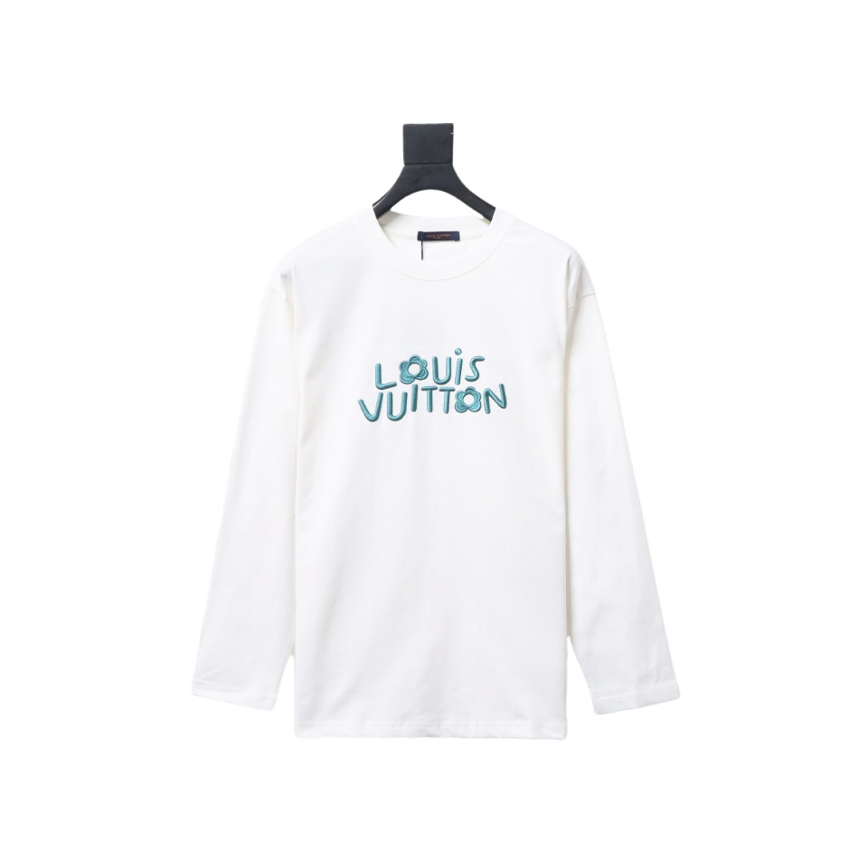 Louis Vuitton 24Fw Small Blue Flower Logo Embroidered Letters Long Sleeve T-shirt White