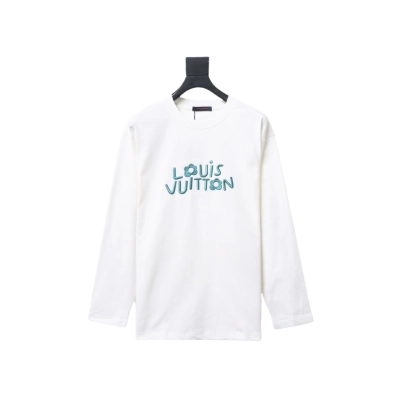 Louis Vuitton 24Fw Small Blue Flower Logo Embroidered Letters Long Sleeve T-shirt White 01
