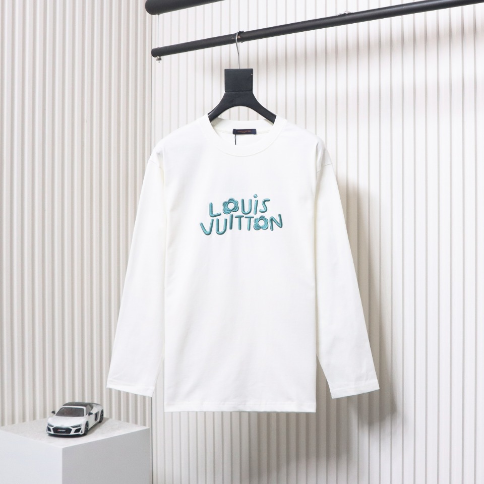 Louis Vuitton 24Fw Small Blue Flower Logo Embroidered Letters Long Sleeve T-shirt White
