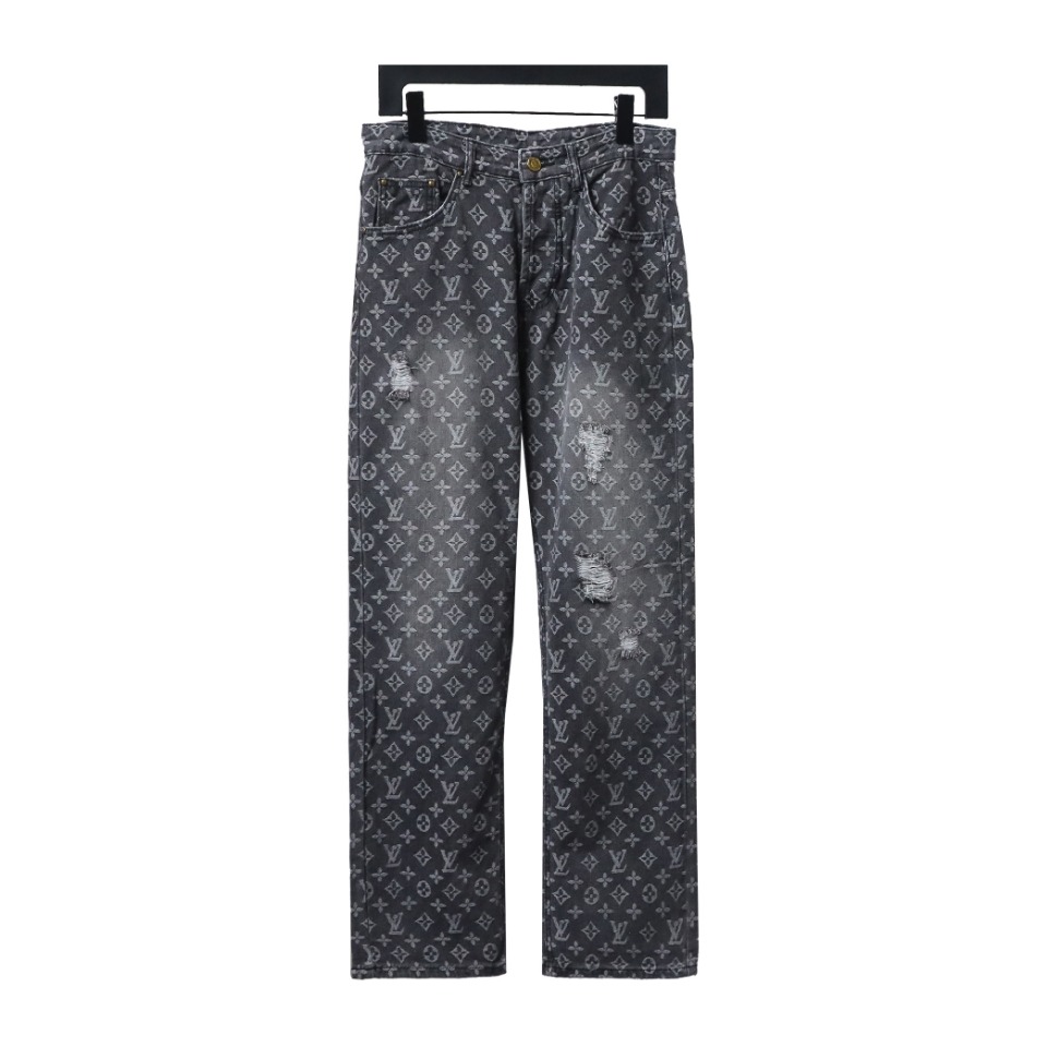 Louis Vuitton Full Print Ripped Denim Trousers