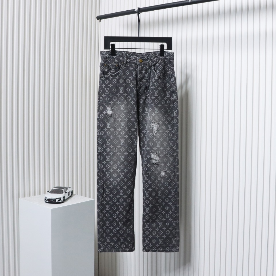 Louis Vuitton Full Print Ripped Denim Trousers