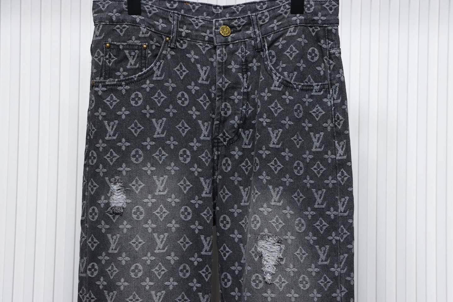 Louis Vuitton Full Print Ripped Denim Trousers