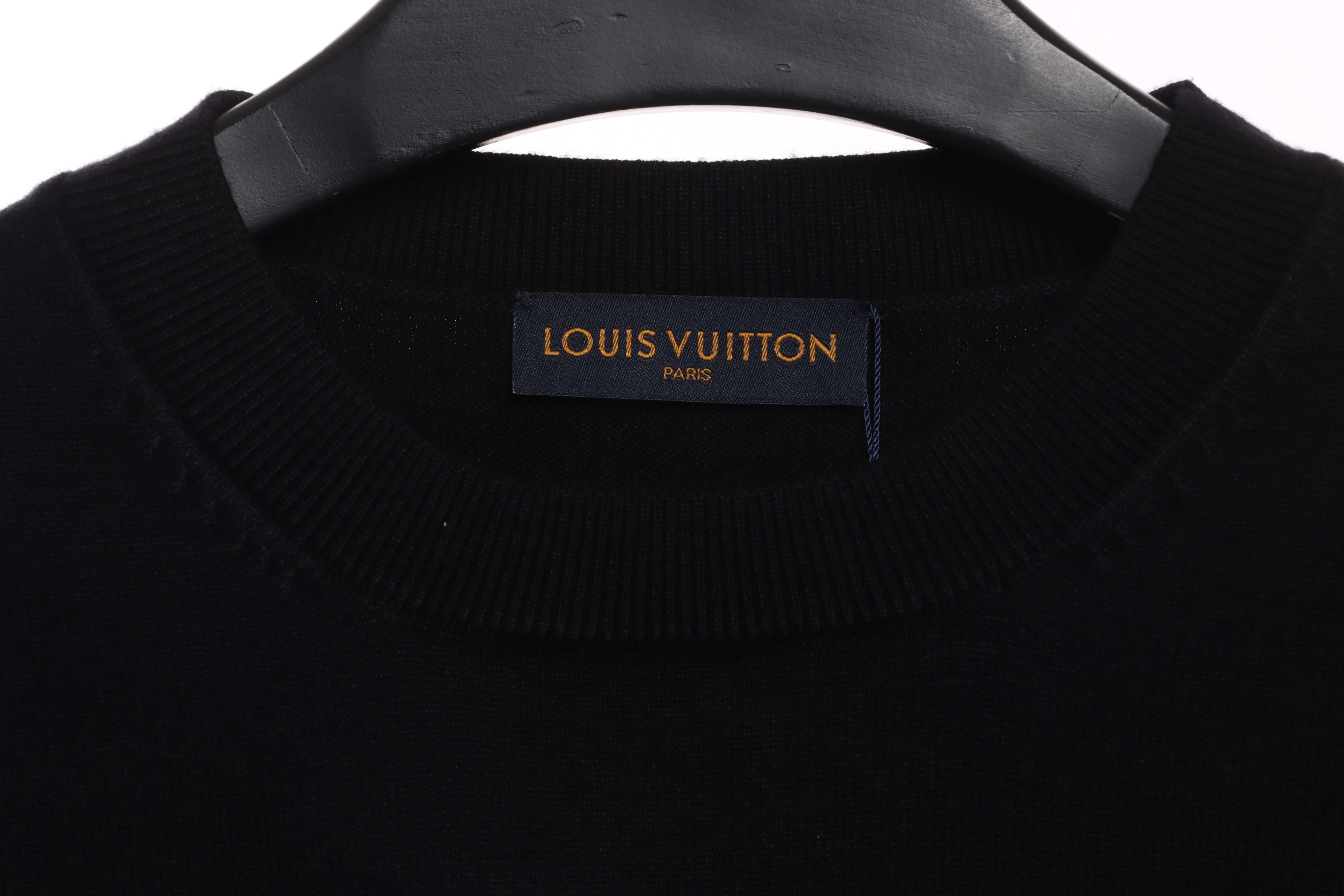 Louis Vuitton Solid Color Cuffs Letter Jacquard Logo Crew Neck Sweater Black