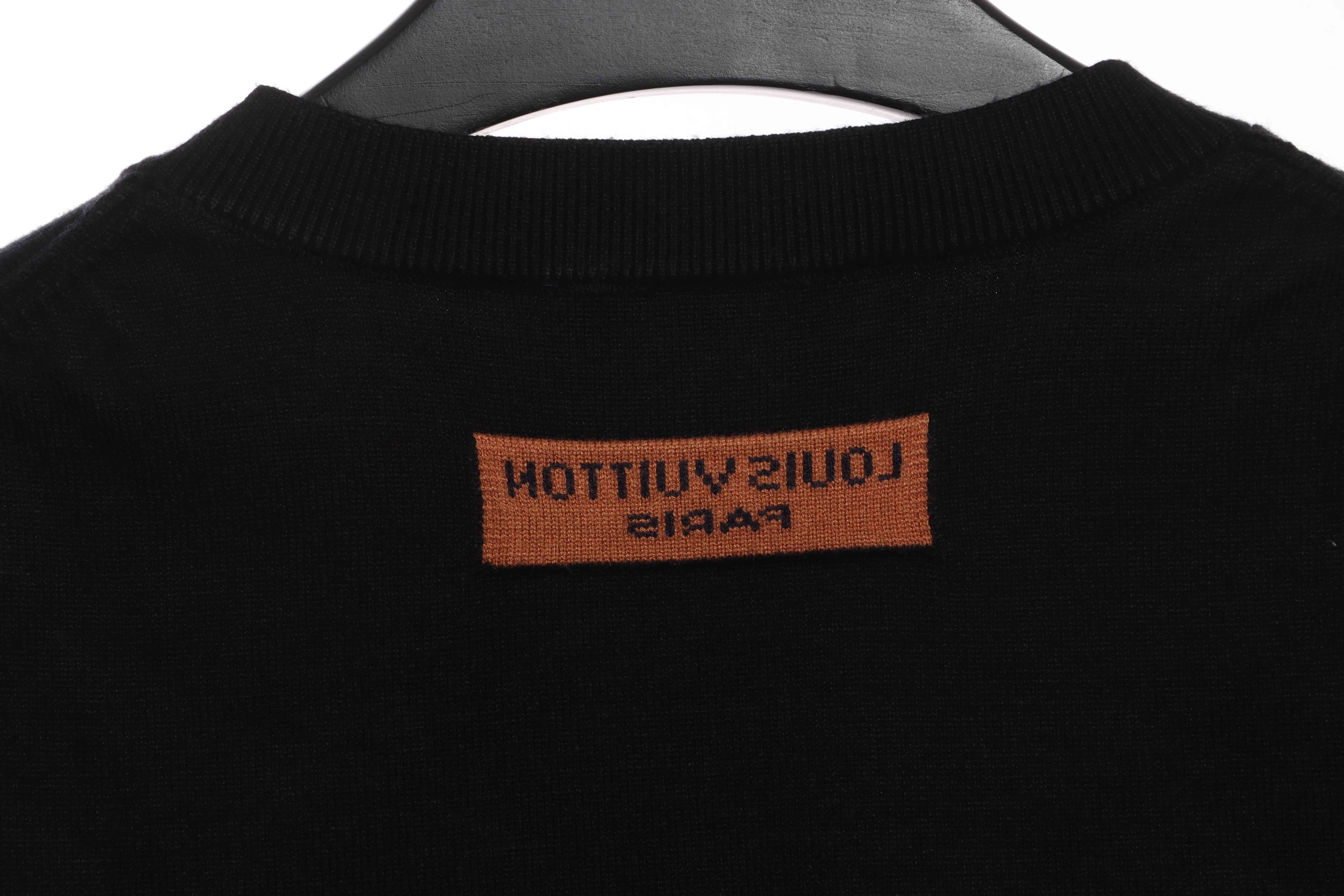 Louis Vuitton Solid Color Cuffs Letter Jacquard Logo Crew Neck Sweater Black