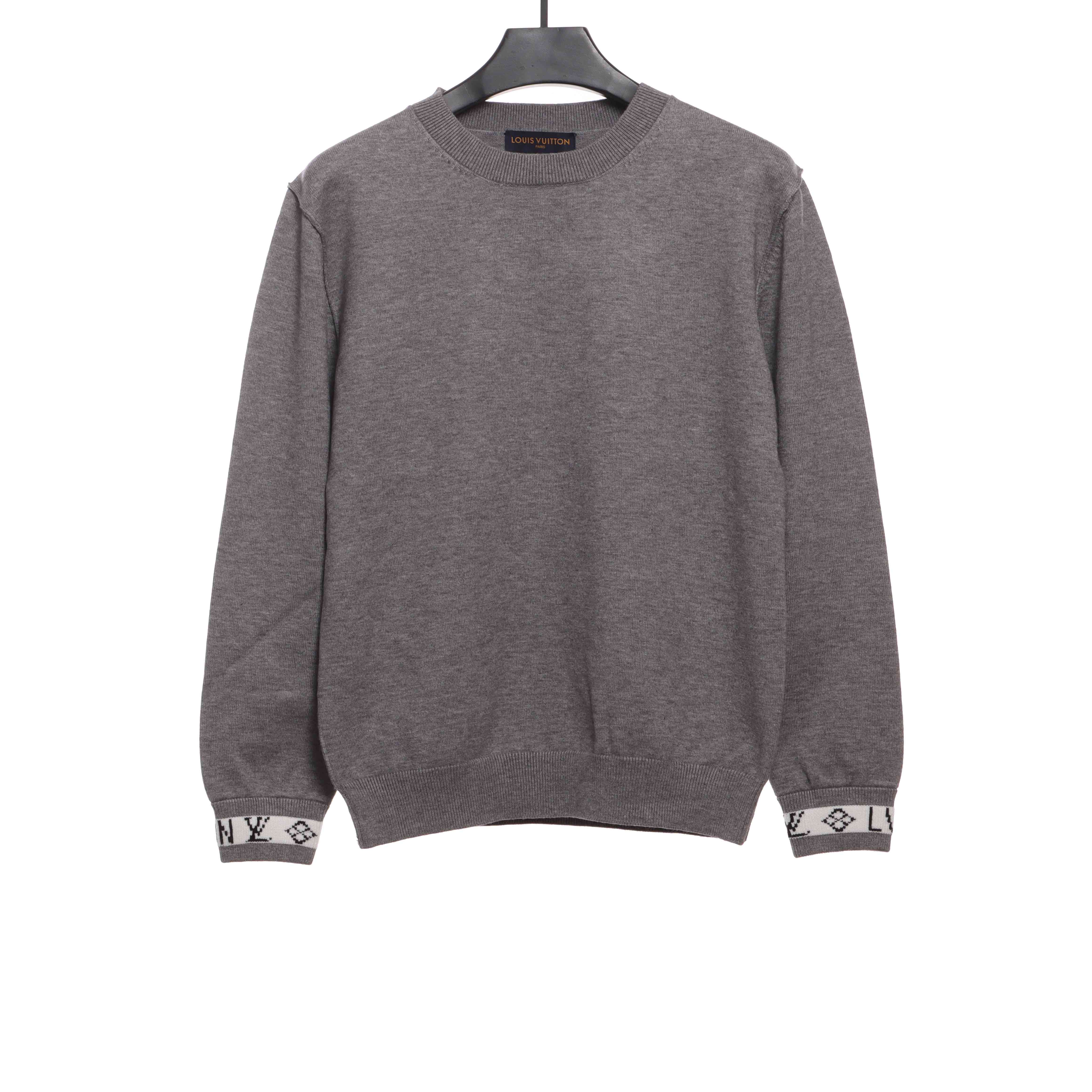 Louis Vuitton Solid Color Cuffs Letter Jacquard Logo Crew Neck Sweater Grey