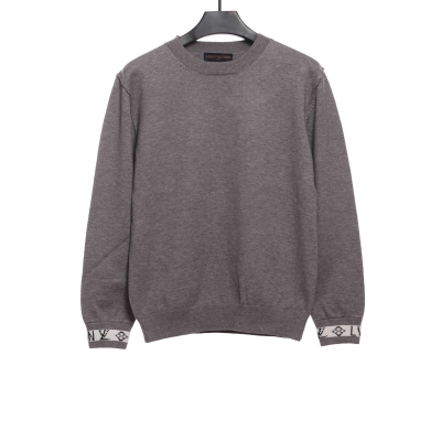 Louis Vuitton Solid Color Cuffs Letter Jacquard Logo Crew Neck Sweater Grey 01
