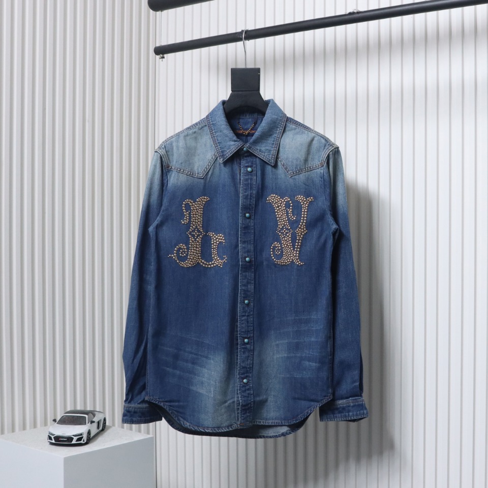 Louis Vuitton Studded Monogram Long Sleeve Denim Shirt