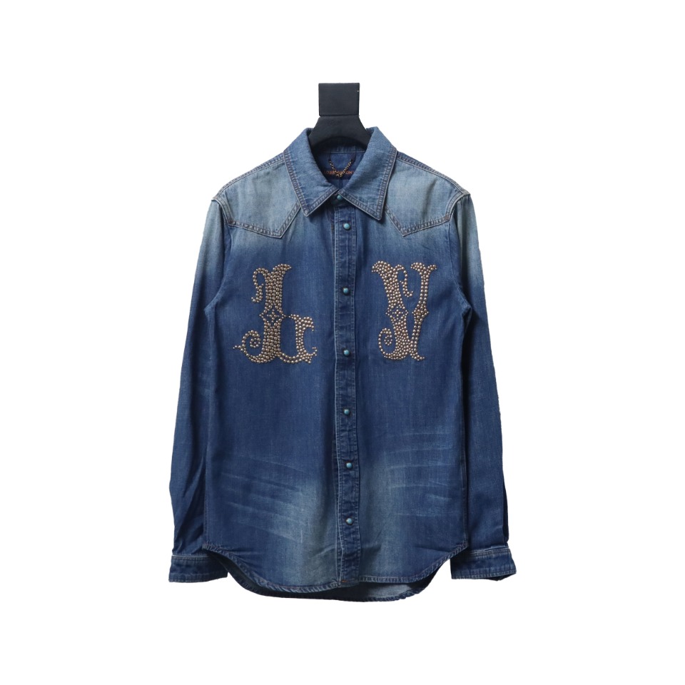Louis Vuitton Studded Monogram Long Sleeve Denim Shirt