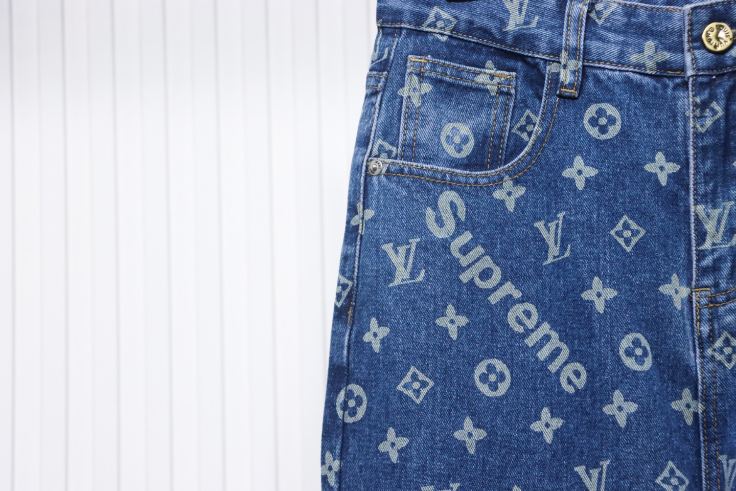 Louis Vuitton x Supreme Monogram Print Denim Trousers Blue