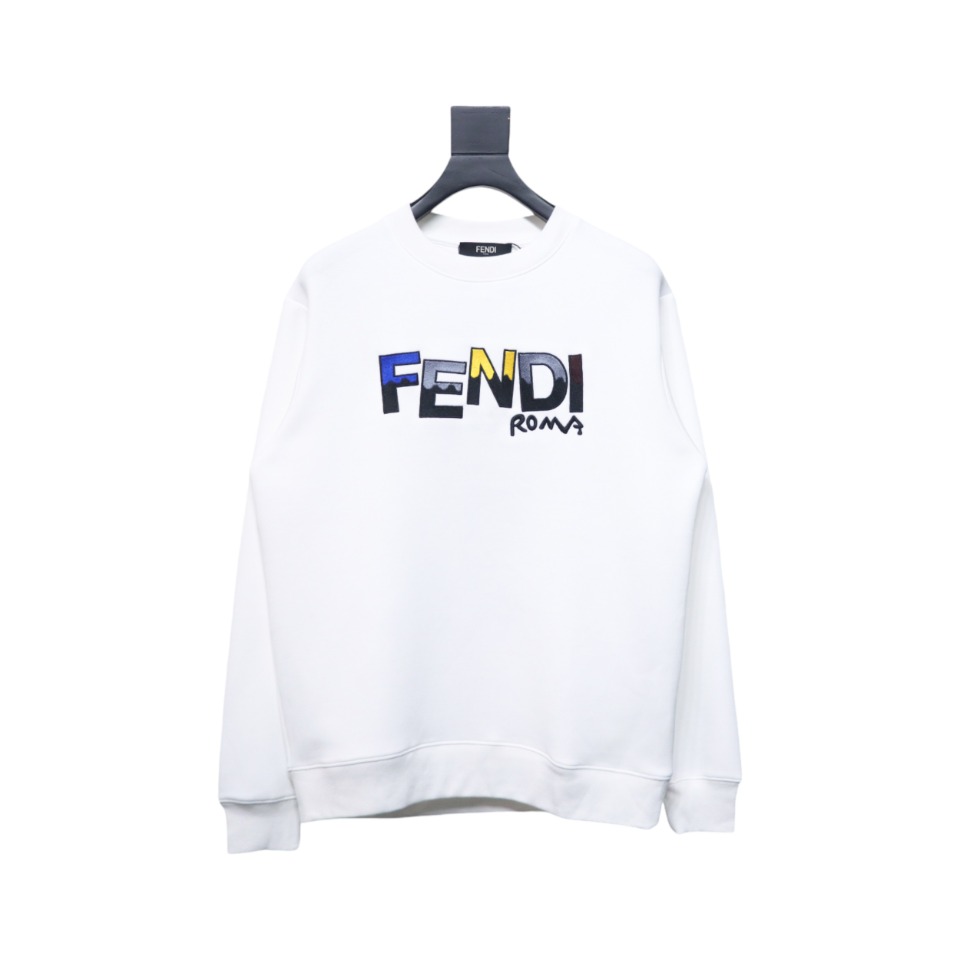 Fendi Funny Cartoon Letter Round Neck Hoodie White