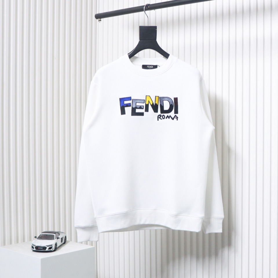 Fendi Funny Cartoon Letter Round Neck Hoodie White