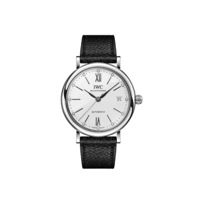 IWC Portofino Automatic 37 White Diamond Dial Black Leather Strap Women's Watch IW458610 01
