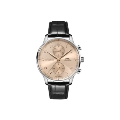 IWC Portugieser Automatic Chronograph Beige Dial Black Leather Strap Men's Watch IW371624 01