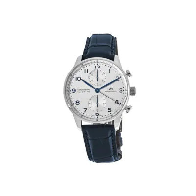 IWC Portugieser Automatic Chronograph Silver Dial Blue Leather Strap Men's Watch IW371605 01