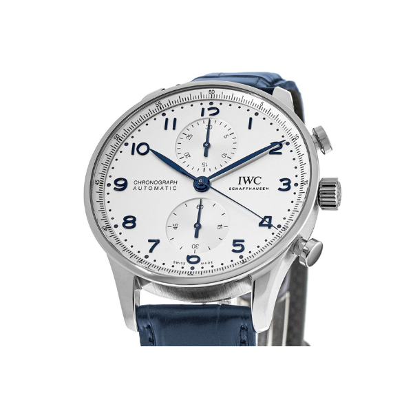 IWC Portugieser Automatic Chronograph Silver Dial Blue Leather Strap Men's Watch IW371605