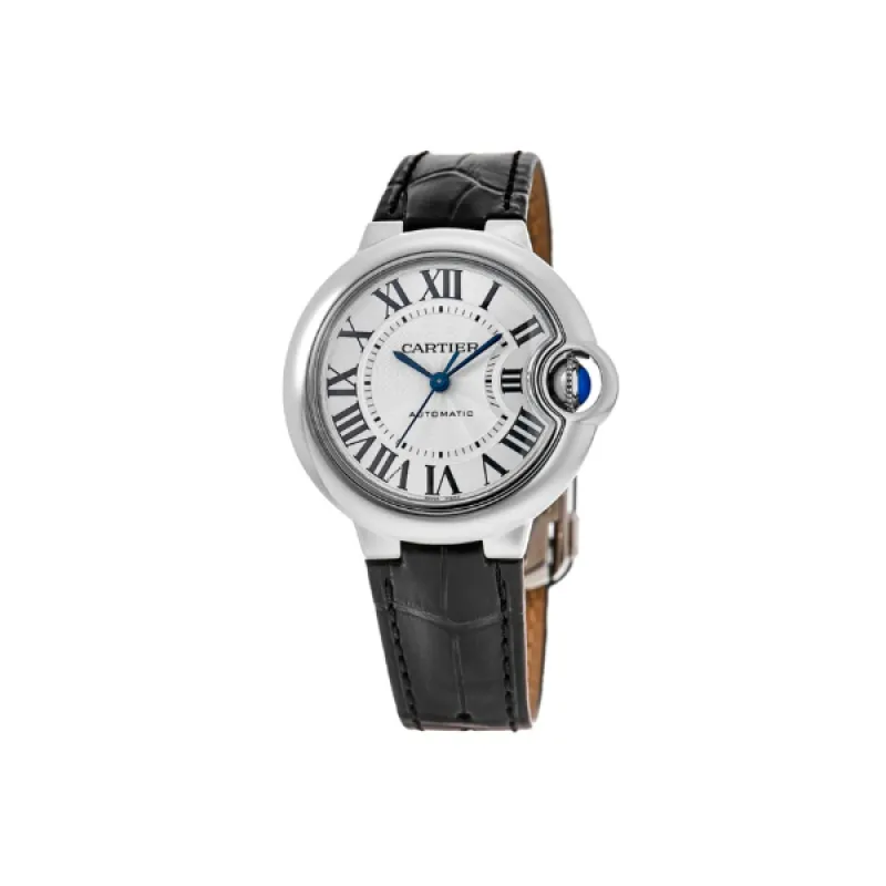 Cartier Ballon Bleu 33mm Silver Dial Leather Strap Women's Watch WSBB0030