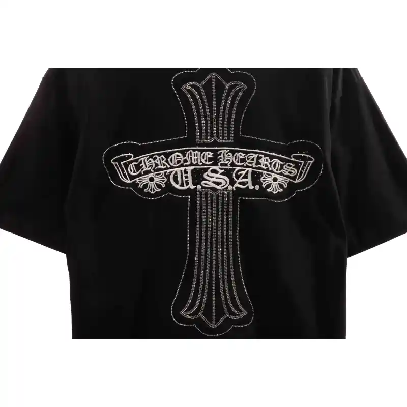 Chrome Heart Cross Sanskrit Scroll Diamond Short Sleeve Black