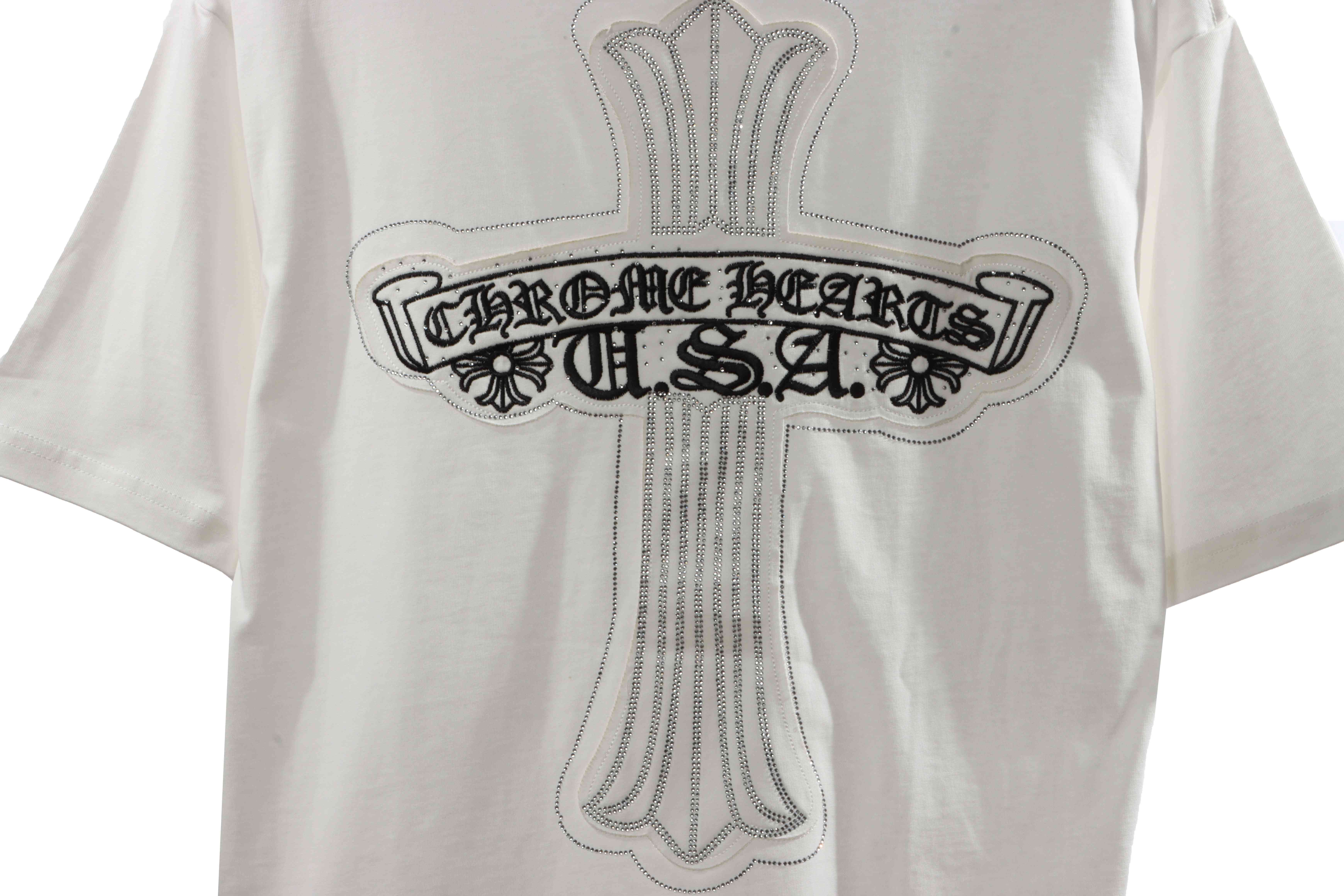 Chrome Heart Cross Sanskrit Scroll Diamond Short Sleeve White