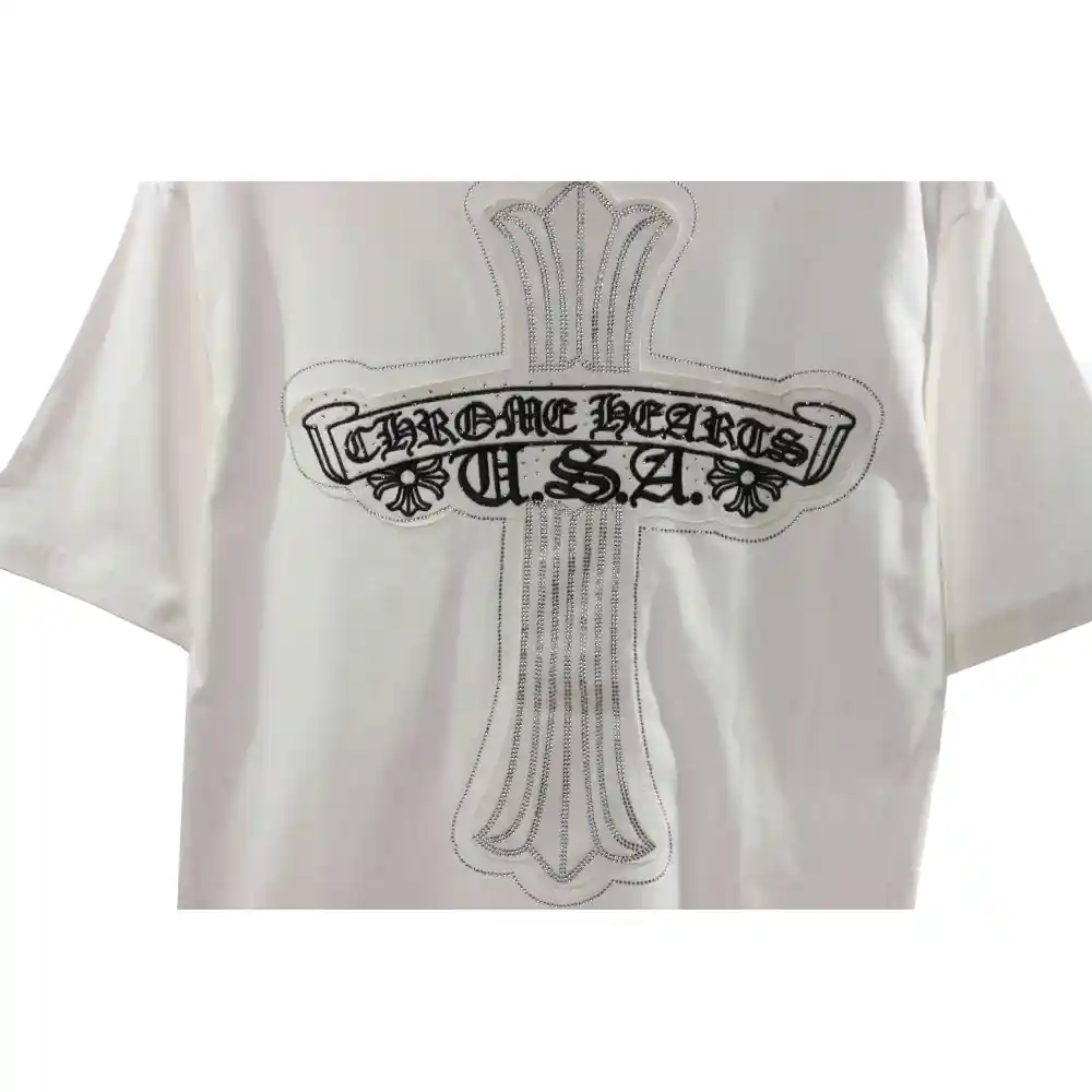 Chrome Heart Cross Sanskrit Scroll Diamond Short Sleeve White